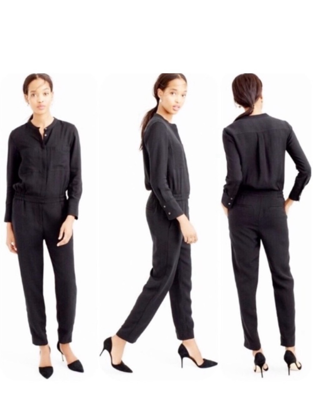 J.Crew Drapey Oxford Jumpsuit Black Sleek Long-Sleeve minimalist one piece 10